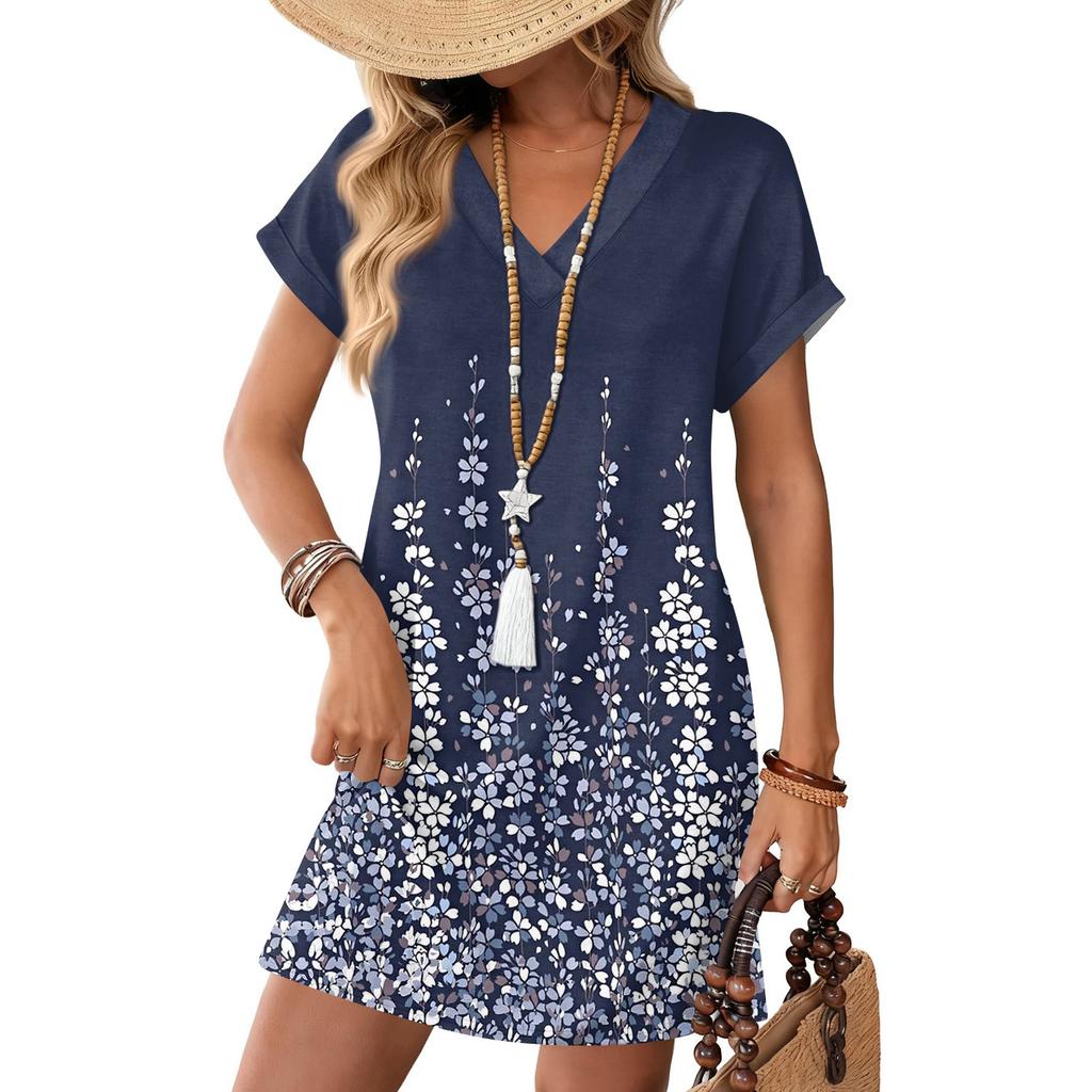 Women's Fashionable Floral Print V-neck Short Sleeved Pocket Casual Pullover Dress