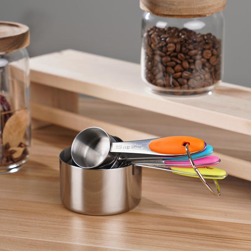 Stainless Steel Measuring Cups and Spoons Set Nesting Metal Measuring Set with Silicone Handles for Dry and Liquid Ingredients