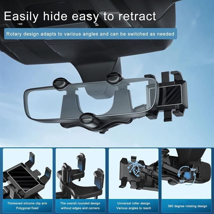 Support de téléphone de voiture pour rétroviseur multifonctionnel, support de téléphone de voiture rotatif à 360 degrés, navig[503]