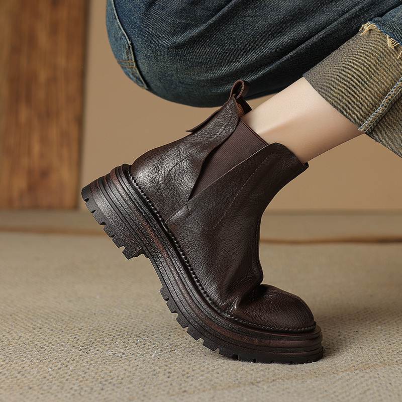 

Krazing Pot Зимние ботинки челси из коровьей кожи с круглым носком и толстым каблуком, модные женские ботинки на платформе без застежек, ботильоны 40 коричневый