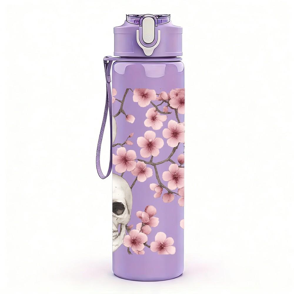 1PC Skull Cherry Blossom Floral Print 750ml Color Plastic Sports Water Bottle Leakproof Flip Straw Lid Suitable for Sports Office Home Use