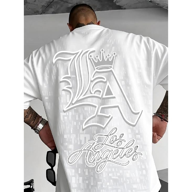 men's oversized white graphic tee with la crown and los angeles script print, short sleeve crew neck streetwear top for casual daily wear