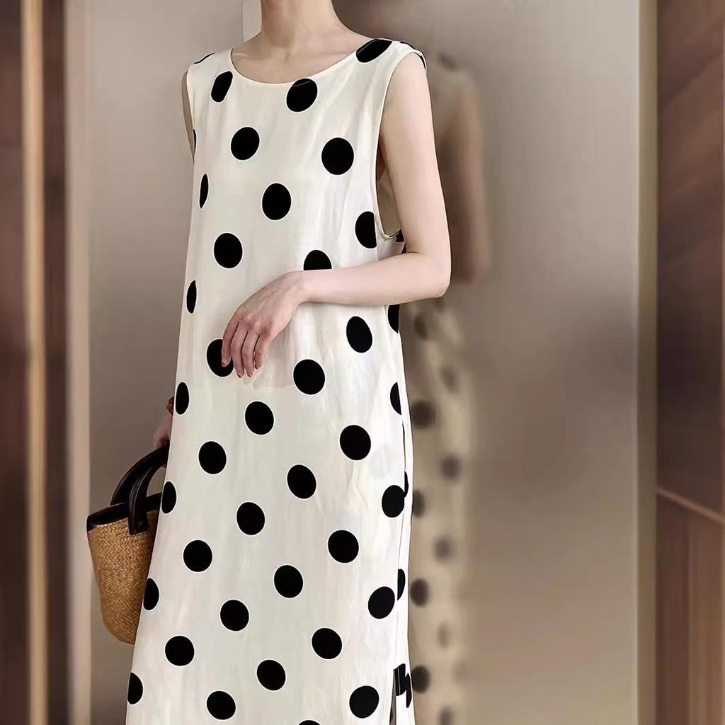 Summer New Lace-up Design Black Polka Dot Vest Dress Women's Loose and Thin Split-ended Long Dress