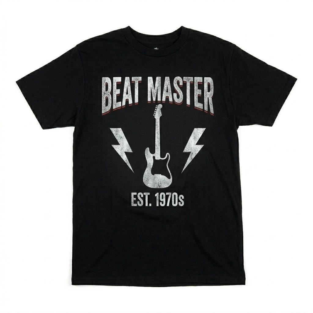 Beat Master Electric Guitar Rock Music Retro 70s Graphic T-Shirt Unisex Black XXL