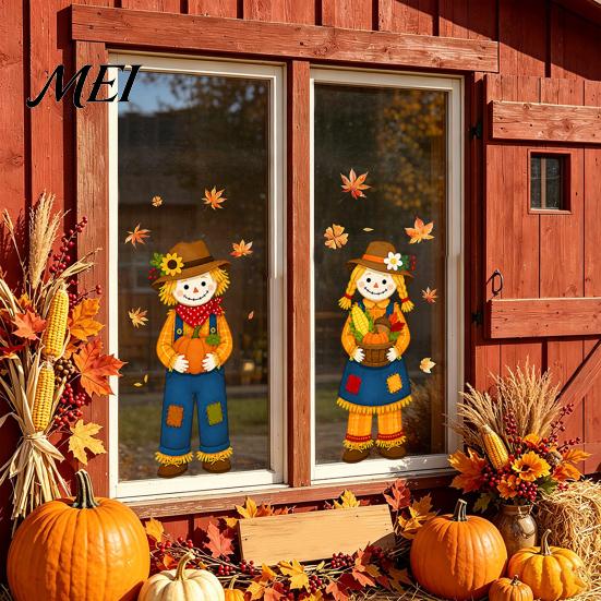 Harvest Festival Glass Stickers Fall Window Clings, Autumn Scarecrow Maple Leaf Stickers, Reusable Double-Sided Static Cling Film PVC Decals