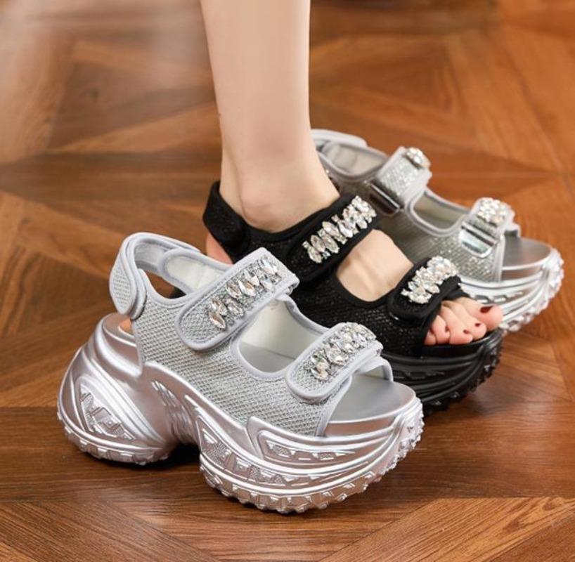 Fashion 8cm Air Mesh Microfiber Leather Platform Wedge Flats Summer Embed Crystal Peep Toe Fashion Women Sandal Slippers Pumps Shoes
