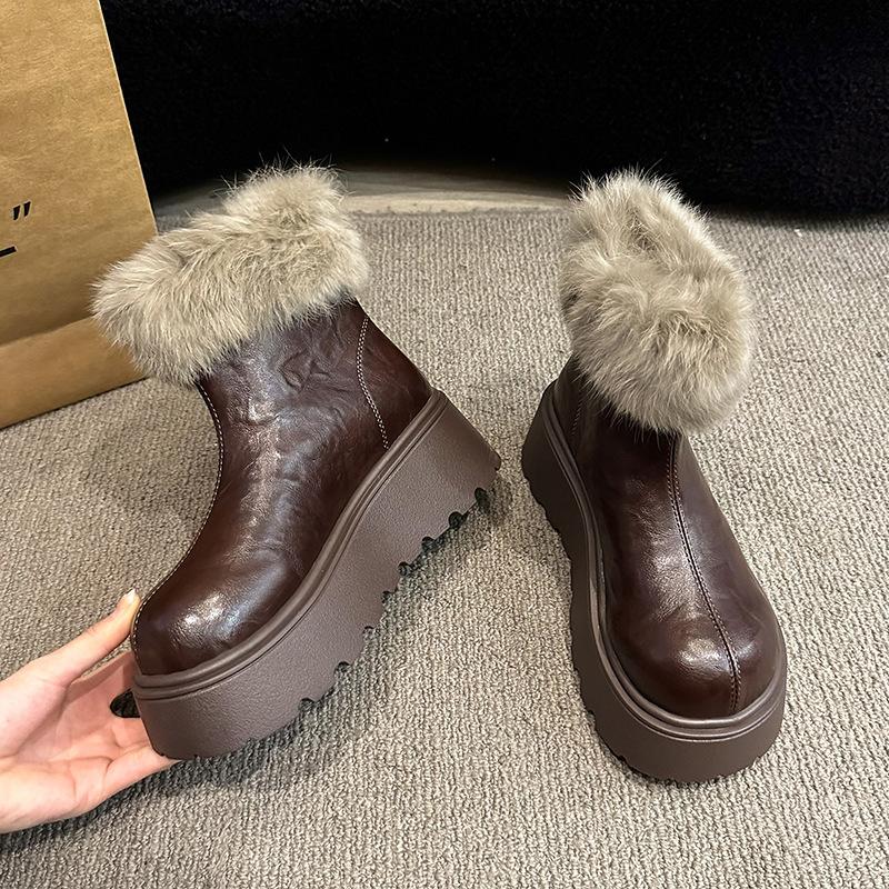 Women's Large Size Soft Sole Heightening Winter Warm Fur Snow Boots Padded Lined Ankle Boots Anti-slip Hiking Casual Sports Cotton Boots