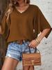 2025 Summer Women's V-Neck Batwing Sleeve Top - Solid Color Fashion