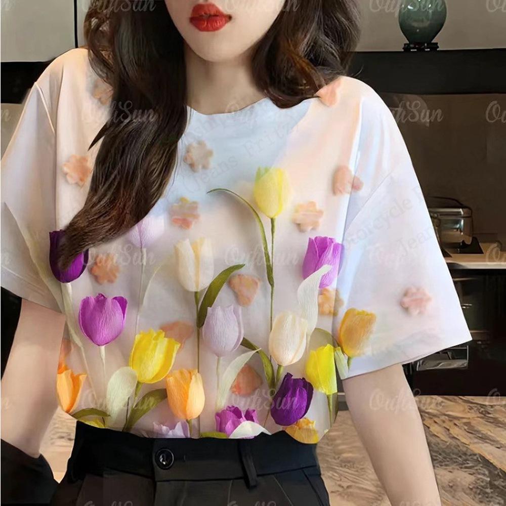 Letní dámské tričko s kulatým výstřihem, květinovým vzorem a 3D potiskem, módní, ležérní, s krátkým rukávem