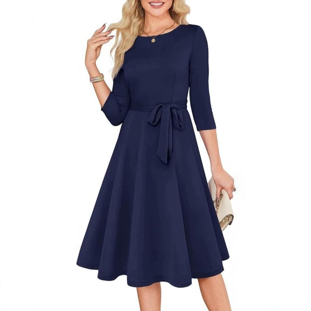 Neues einfarbiges Cocktailkleid für Damen mit 3/4-Ärmeln, Vintage, Rundhalsausschnitt, Elegantes Party- oder Hochzeitsgastkleid