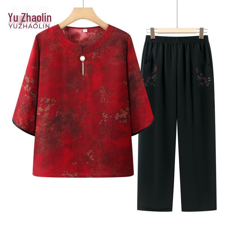 YUZHAOLIN Women s Traditional Chinese Mid-Sleeve Top & Pants Set XL