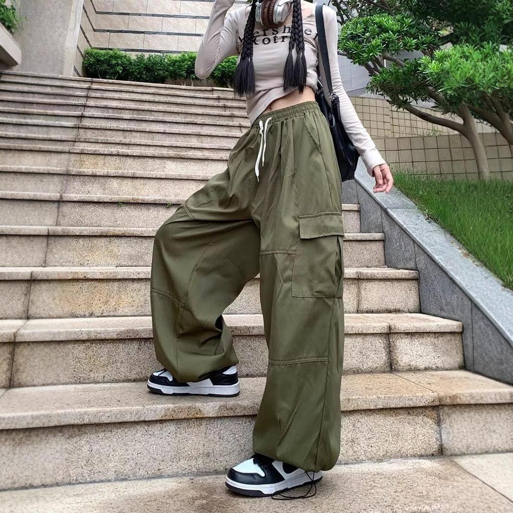 Retro High-Waisted Wide Leg Cargo Pants for Women - Street Dance Hip Hop Trousers, Straight Leg, Floor-Length