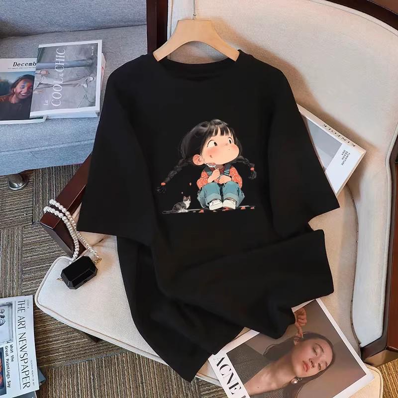 2026 Cross Girl Cartoon Print Loose Plus Size Short Sleeve Women's T-shirt - New Summer Fashion