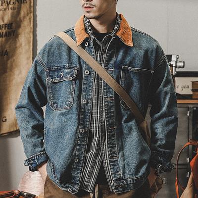 Jaqueta Jeans Clássica Americana Retro com Combinação de Cores Masculina Marca Tendência Ruffian Bonita Tendência Lavada Jaqueta de Trabalho