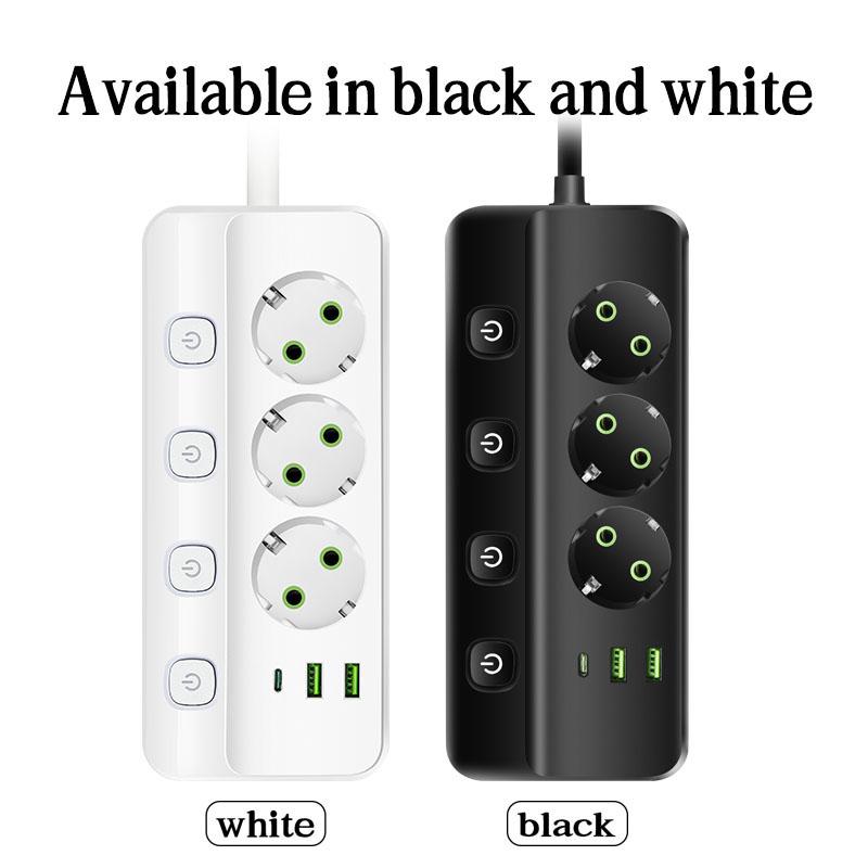 EU Plug Electrical Socket 3/5 AC Outlets+2 USB+1Type C 8-in-1 Adapter Multitap Fast Charging Power Strip With 2M Extension Cord