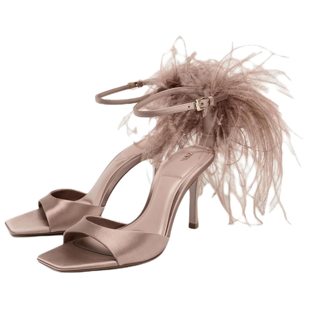Zara Vintage Open-Toe Dreamy Style Feather High Heels One-Strap Sandals 9Cm Women Sandals Beige 2306610098