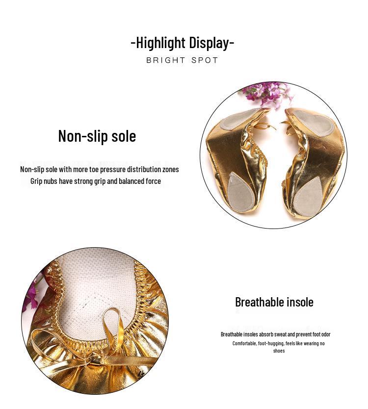 Huayu Dance Performance Shoes: Gold Belly Dance Flats with Soft Sole & High Heel Versatile for Indian and Square Stage