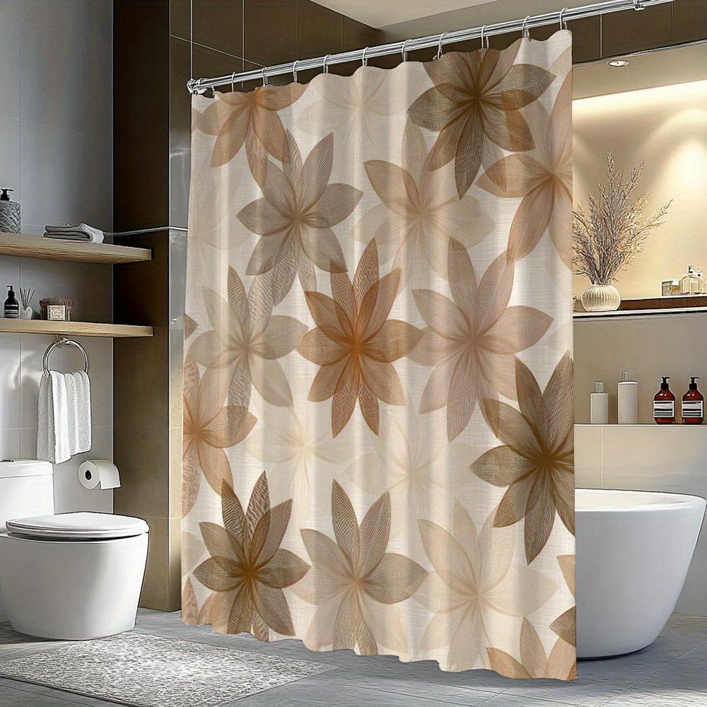 1Pc Brown And Beige Floral Patterned Shower Curtain, Polyester Fabric, Machine Washable, Suitable For Bathroom Dcor.