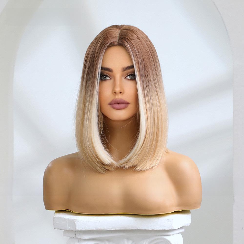 Gradient Platinum Highlight Shoulder-Length Straight Wig: European & American Style, Synthetic Fiber