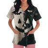 Women's Fashion Short Sleeve Halloween Print V-Neck Pocket Workwear Tops