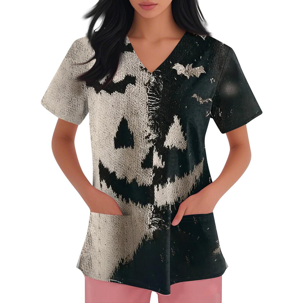 Women's Fashion Short Sleeve Halloween Print V-Neck Pocket Workwear Tops