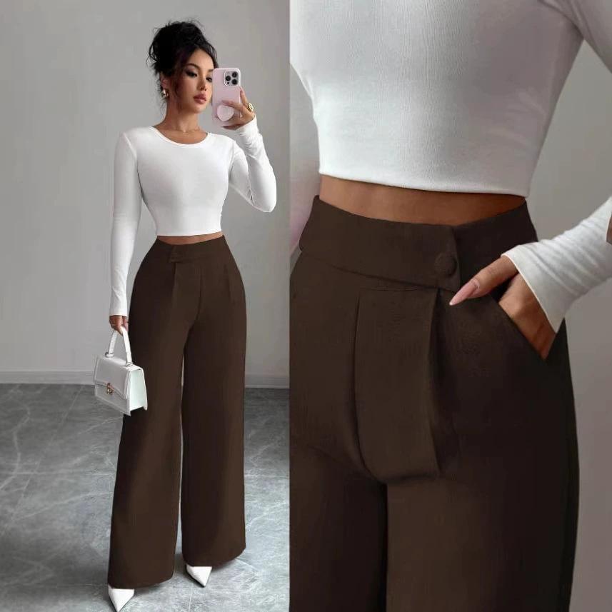 2026 European Women's Spring/Summer Drape Long Pants with Waist Patchwork and Button Details