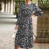 YYFS Women's Fashion Summer Spring Floral Print Long Sleeve O-Neck High Waist Casual Dresses
