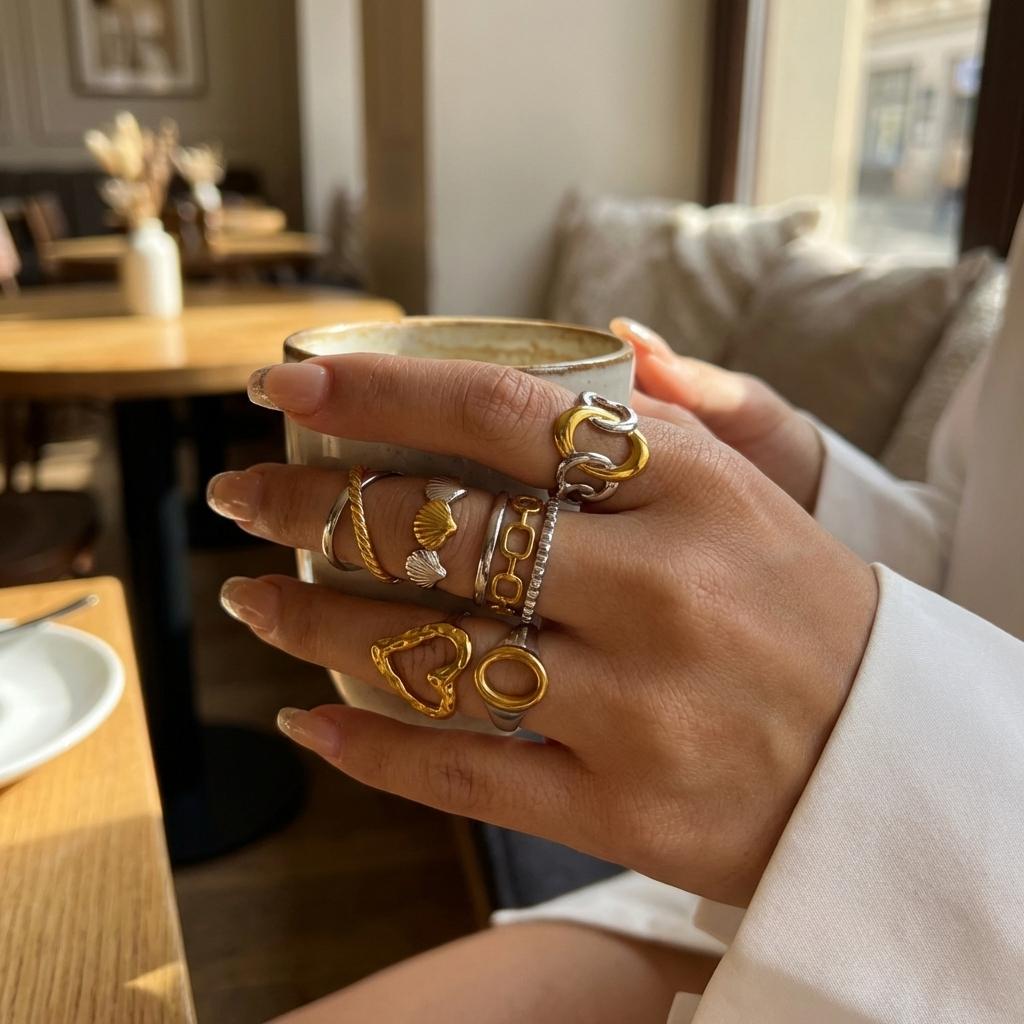 7Pcs Chunky Geometric Heart Shell Ring Set for Women Stainless Steel Dual Tone Stackable Y2K Trendy Statement Knuckle Jewelry