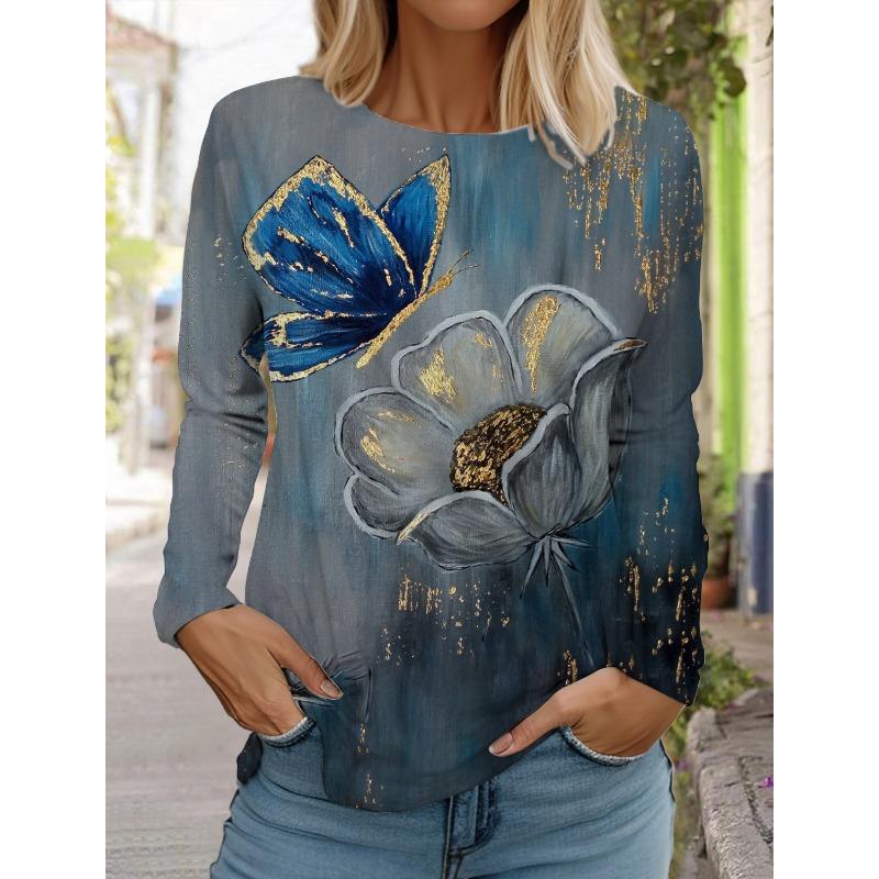 Fashion Design Women's T shirts 3D Print Floral Graphics Long Sleeve Crew Neck Regular Fit Spring/Fall Thin Style Flower Shirts