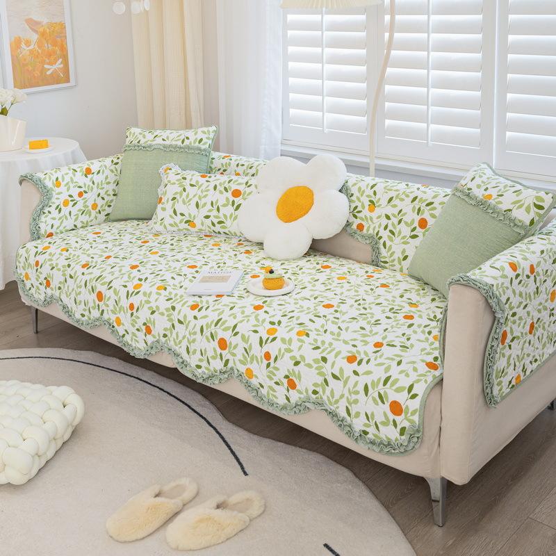 Four Seasons Universal Cotton Printed Washed Sofa Cushion Korean Style Pastoral Wavy Edge Non-Slip Sofa Cushion Towel Full Covered