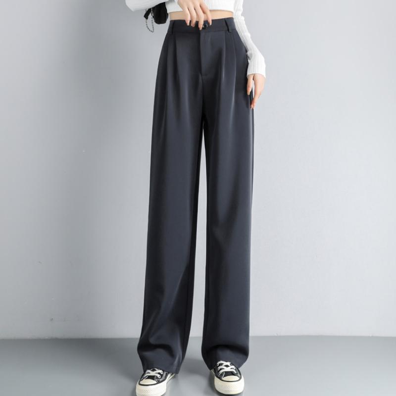 Fashion New Solid Straight Casual Wide Leg Pants Women Elegant Slim Fit High Waist Suit Pants Women Pockets Simple Office Ladies Trousers 25896