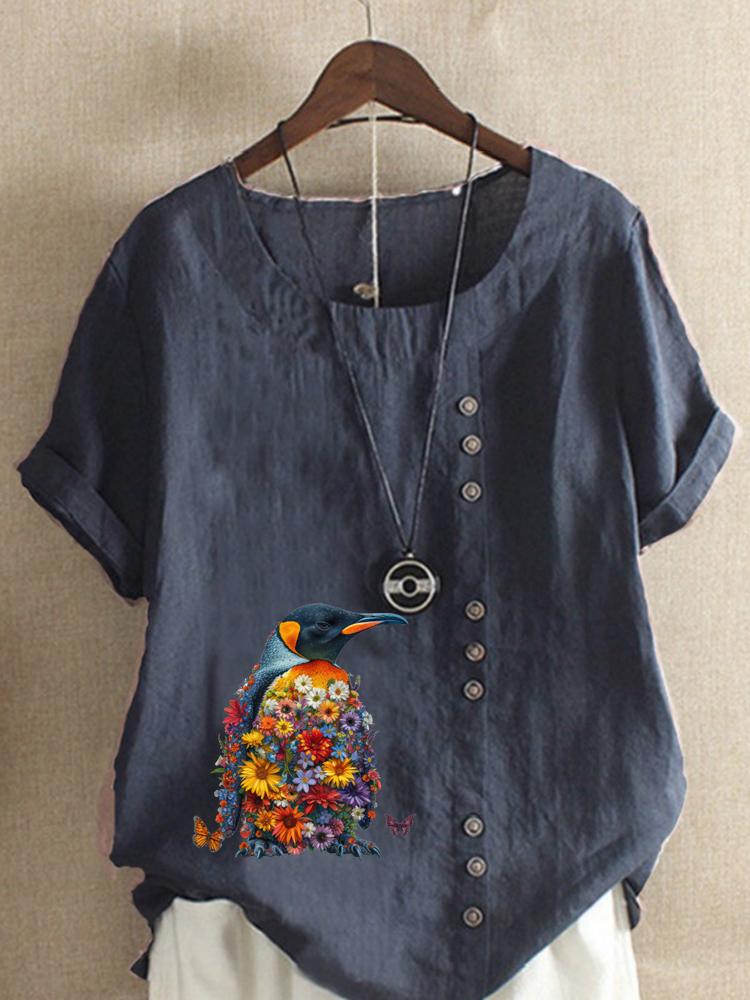 Women's Fashion Penguin Floral Print Round Neck Short Sleeve T-shirt Casual Cotton Linen Graphic Shirt Leisure Loose Summer Blouse Tops