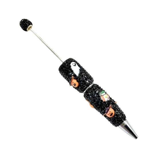 Rhinestone Writing Pen Beadable Pen, Glitter Plastic Beaded Halloween Pumpkin Ghost Skull Decorative Gel Ink for DIY Craft Making, School Office