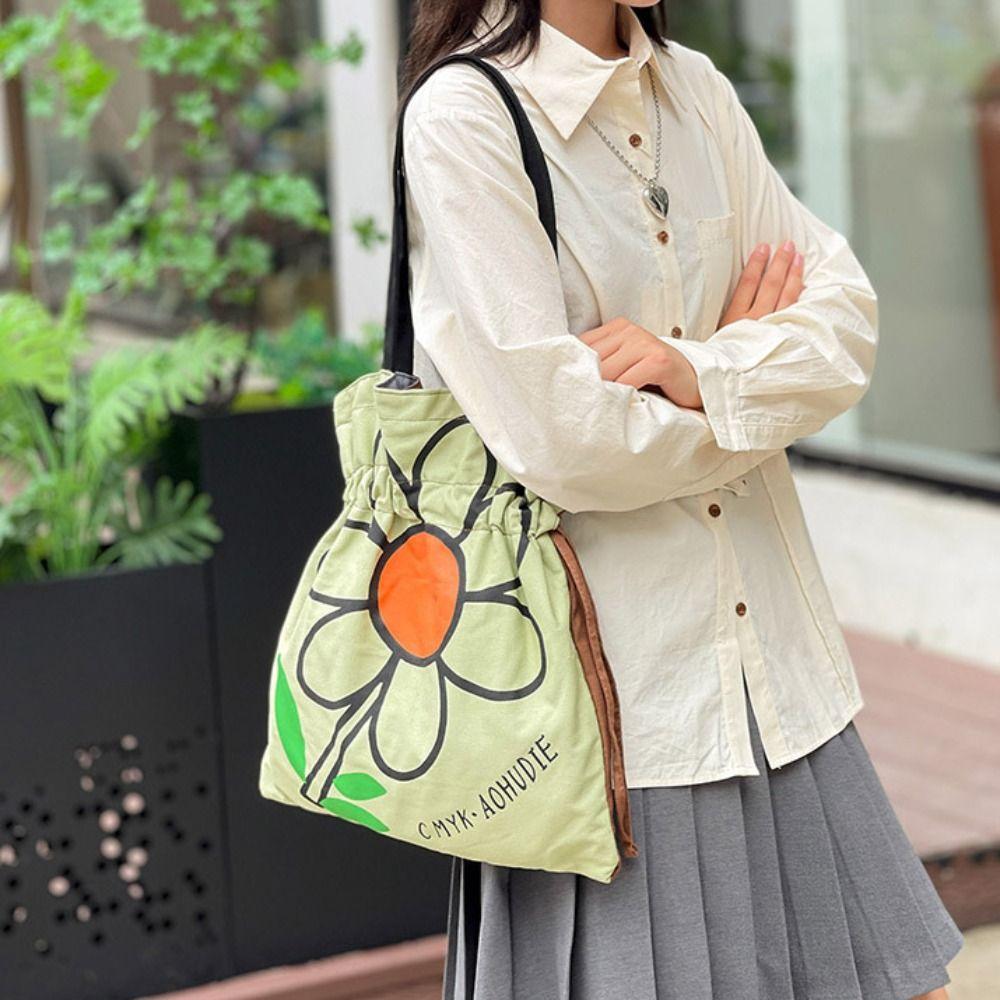 Large Capacity Flower Shoulder Bag Korean Style Printed Handbag Lightweight Cloth Tote Bag  Outdoor