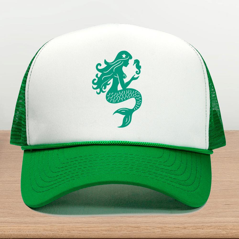 Mermaid and Seahorse Graphic Trucker Hat Polyester Mesh Snapback Cap Casual Unisex Adult Headwear