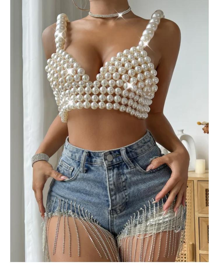 Sexy Accessoires Damen Bikini Perlen Brustkette Körperkette Schmuck Komplett Handgefertigt BH Mit Fransen Für Strand Nachtclub Taillenkette