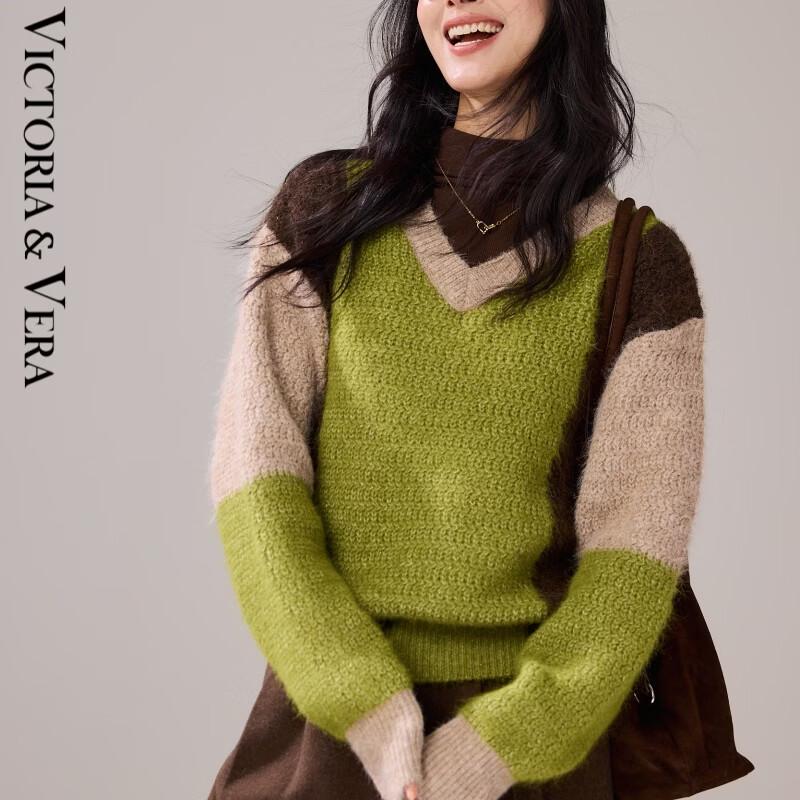 VICTORIA&VERA Women's Lazy Style V-Neck Geometric Knit Sweater