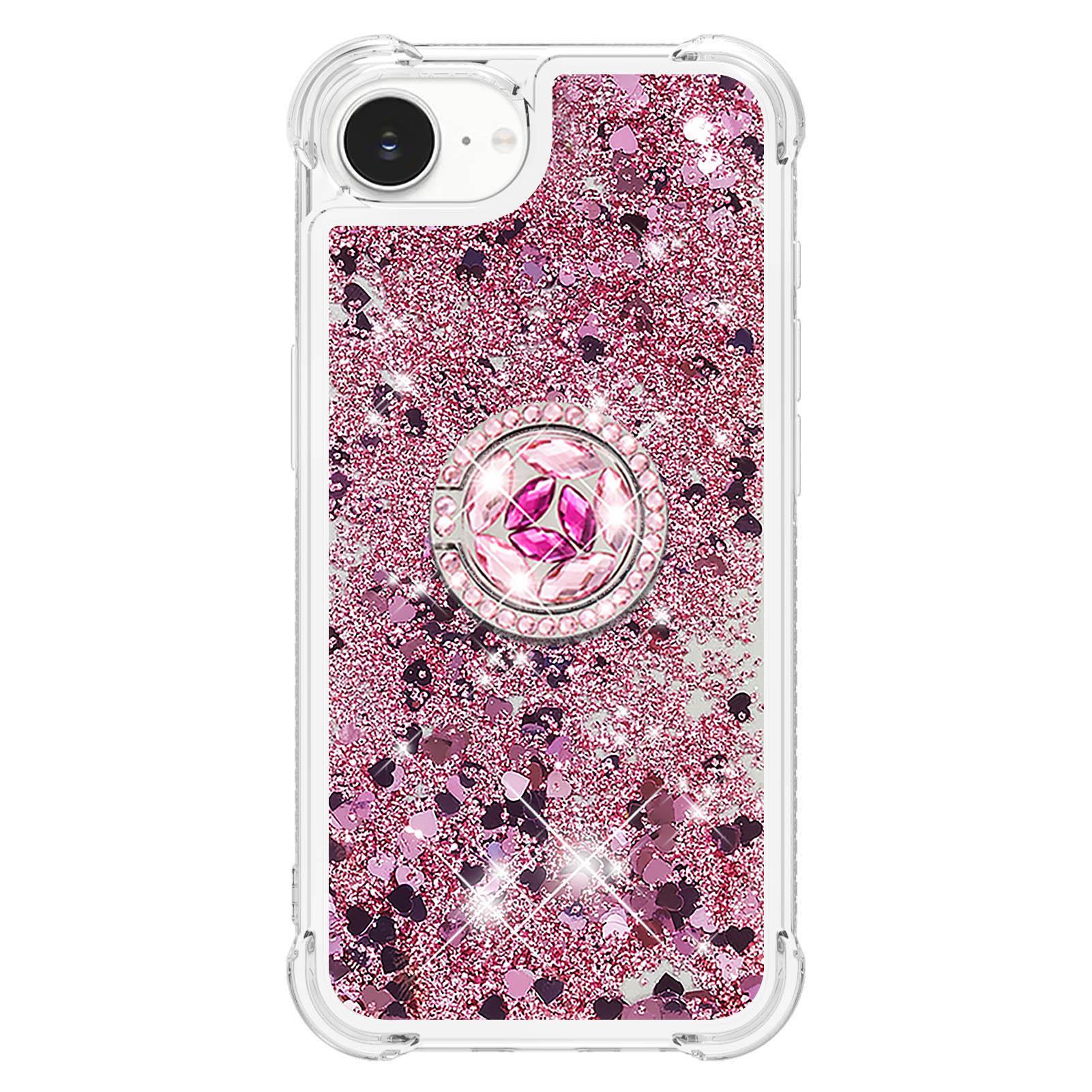 

For iPhone 16e TPU Case with Kickstand Quicksand Shockproof Cover Silver/Hearts