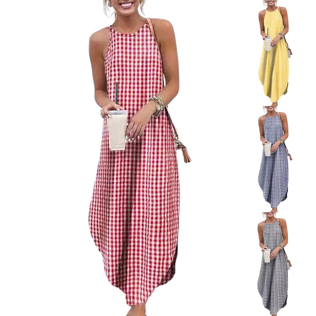 Women Casual Printed Round Neck Loose Long Dress Sleeveless Split Maxi Dress