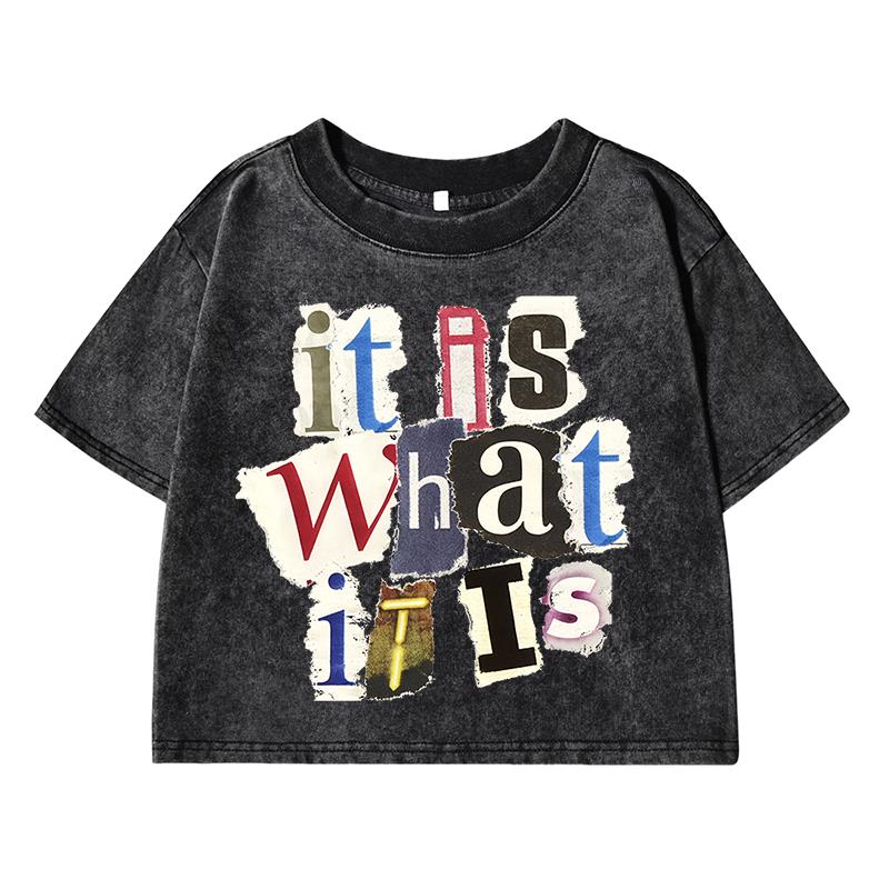 It Is What Print Women Wash Short Tshirt Breathable Soft Tee Tops Casual T-Shirt Distress Midriff-Baring O-Neck Clothes