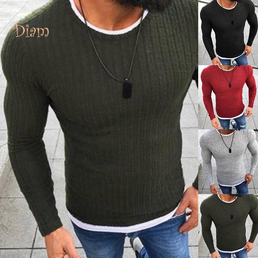 TOPMART-MEN's WEAR Color Block Patchwork O Neck Long Sleeve Pullover Knitted Sweater