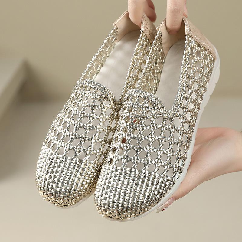 Fashion 2025 Summer Hollow Woven Breathable Shoes Women Sandals Big Size Round Toe Genuine Leather Shoes Summer Flat Casual Sandals