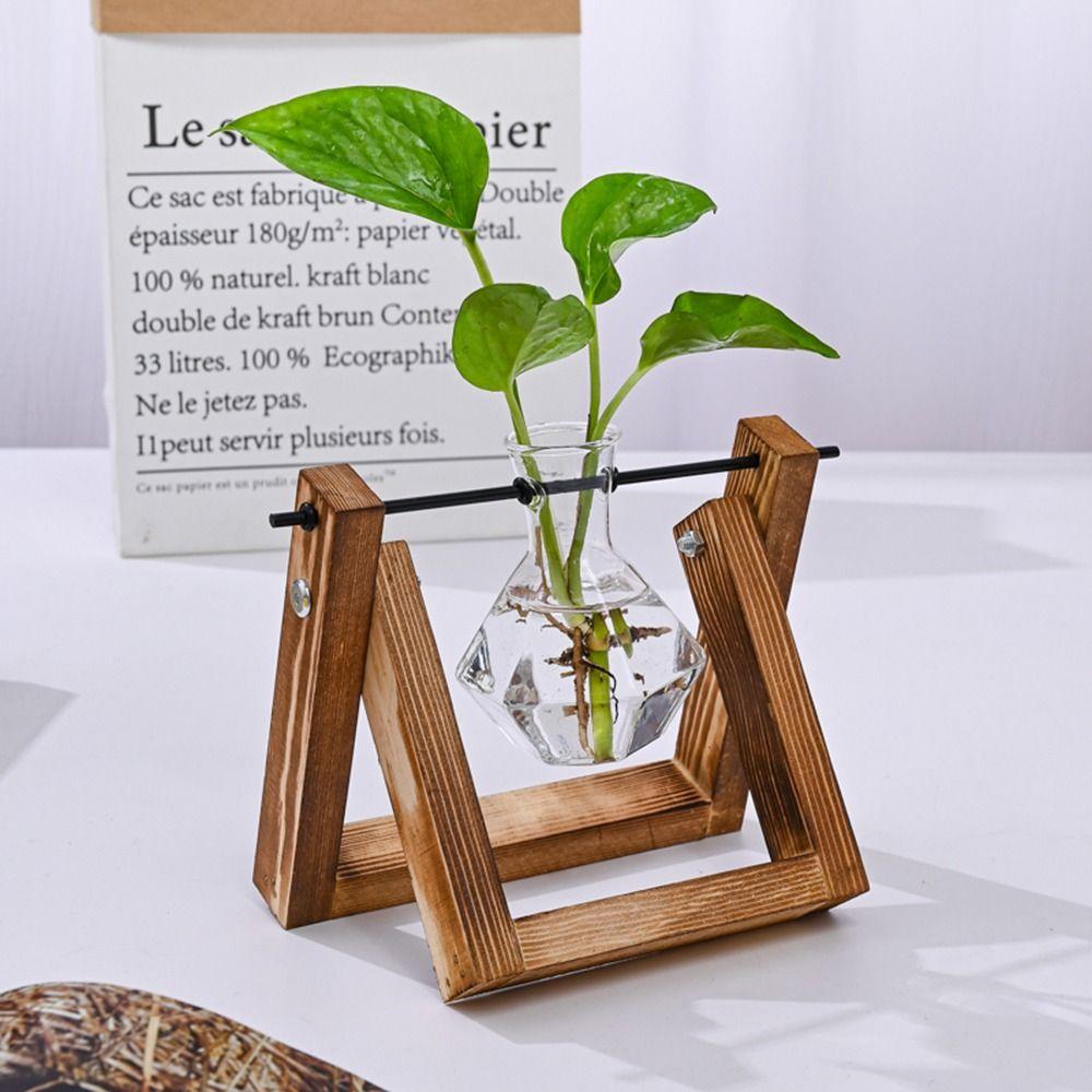 Planter Hydroponic Plant Vases Wooden Frame Bonsai Flower Pot Decoration Glass Vase