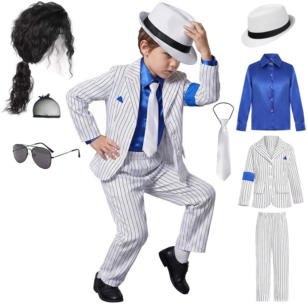Carnaval d'Halloween Garçons Costume Jackson Danseur Chanteur Moonwalk Tenues de Scène Années 80 Pop Rock Superstar Déguisement Costume à Rayures Blanches M (4-5T) gray