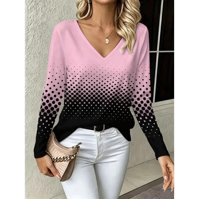 Fashion Women's V-Neck Long Sleeve 3D Floral Color Printing Casual Long Sleeve V-Neck T-Shirt