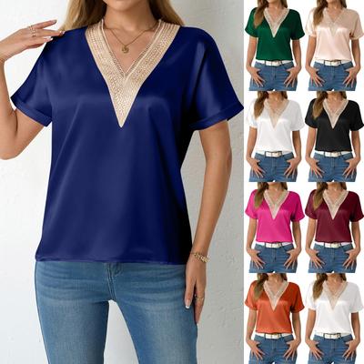 Chemise à manches courtes pour femme, haut ample en satin, dentelle gaufrée, col en V, haut doublé en soie