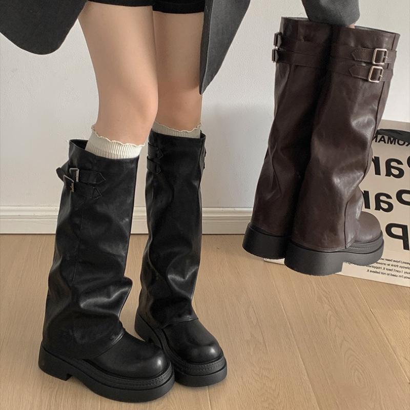 Platform Thick Sole Women Knight High Boots Fashion Belt Buckle Shoes Winter Punk Style Women's Slim Pipe Long Booties