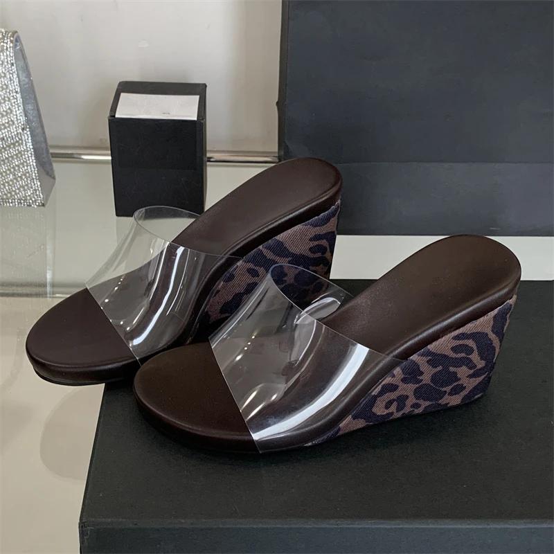 Eilyken PVC Transparent Leopard Print Wedges Slippers Women Shoes Summer High Heels Slide Zapatos De Mujer