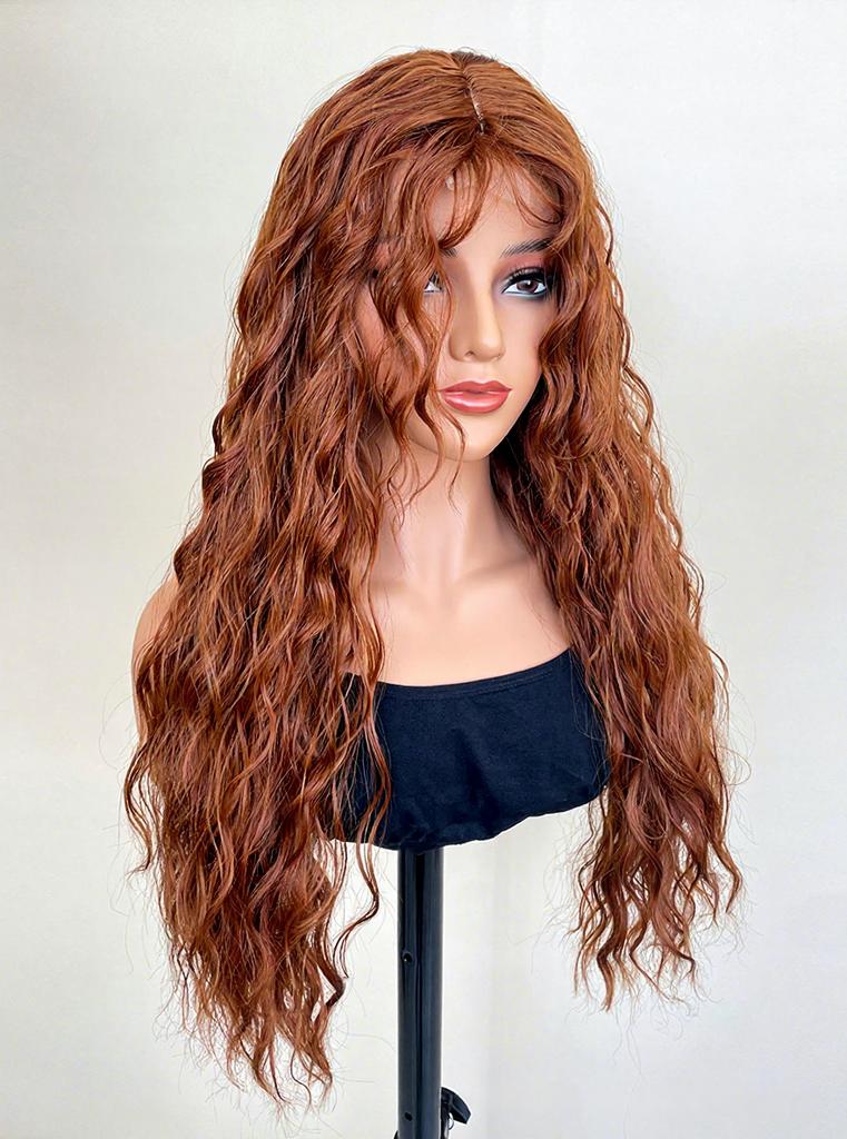 European American Mermaid Princess Red Long Curly Hair Glueless Lace Scalp Full Cap Wig Korean Style Machine Made Realistic High