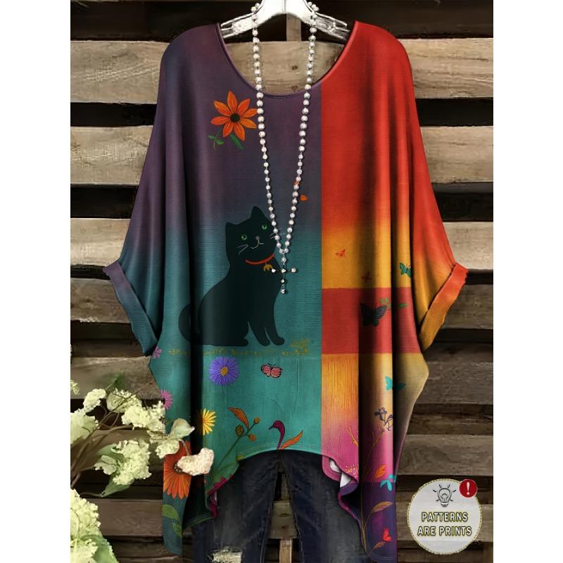 Women s Elegant Vacation Style Simple Retro Cat Pattern Printed Fashionable Irregular Hem Round Neck T-shirt 1XL